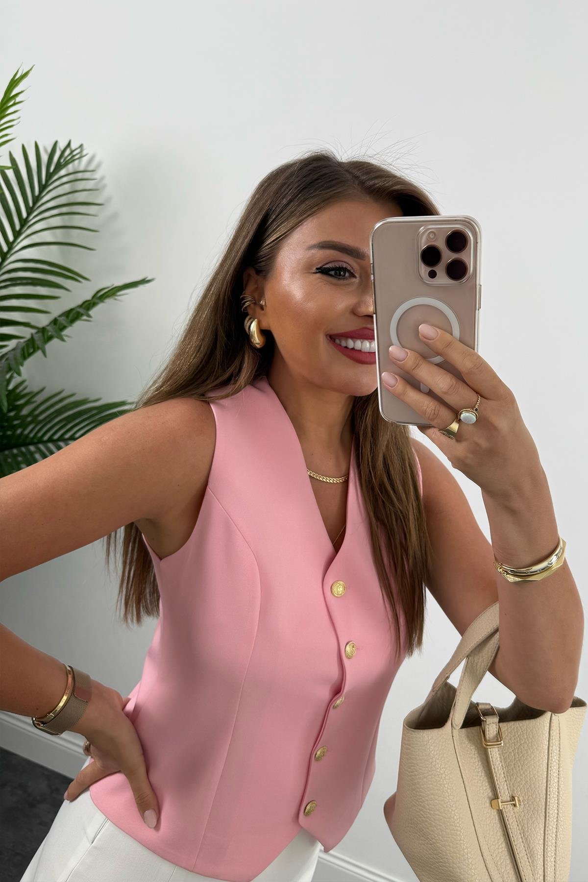 Premium Seri Double Atlas Kumaş Gold Düğmeli Astarlı Yelek Pembe 