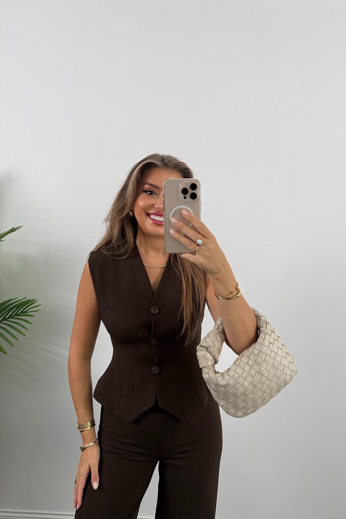 Premium Seri Double Kumaş Belden Oturtma Yelek Palazzo Takım Acı Kahve