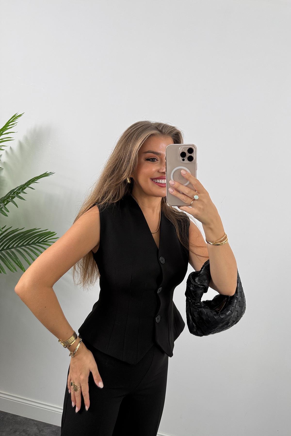 Premium Seri Double Kumaş Belden Oturtma Yelek Palazzo Takım Siyah