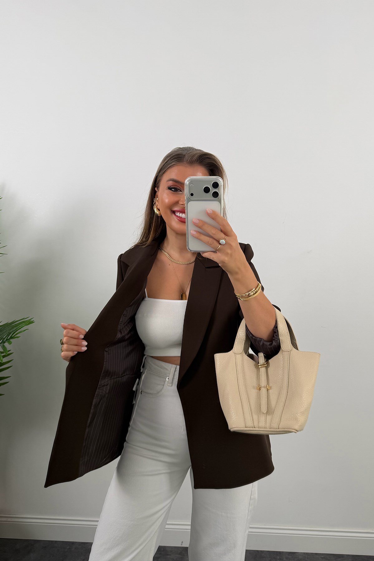 Premium Seri Double Kumaş Çizgili Tona Tona Astar Blazer Koyu Kahve