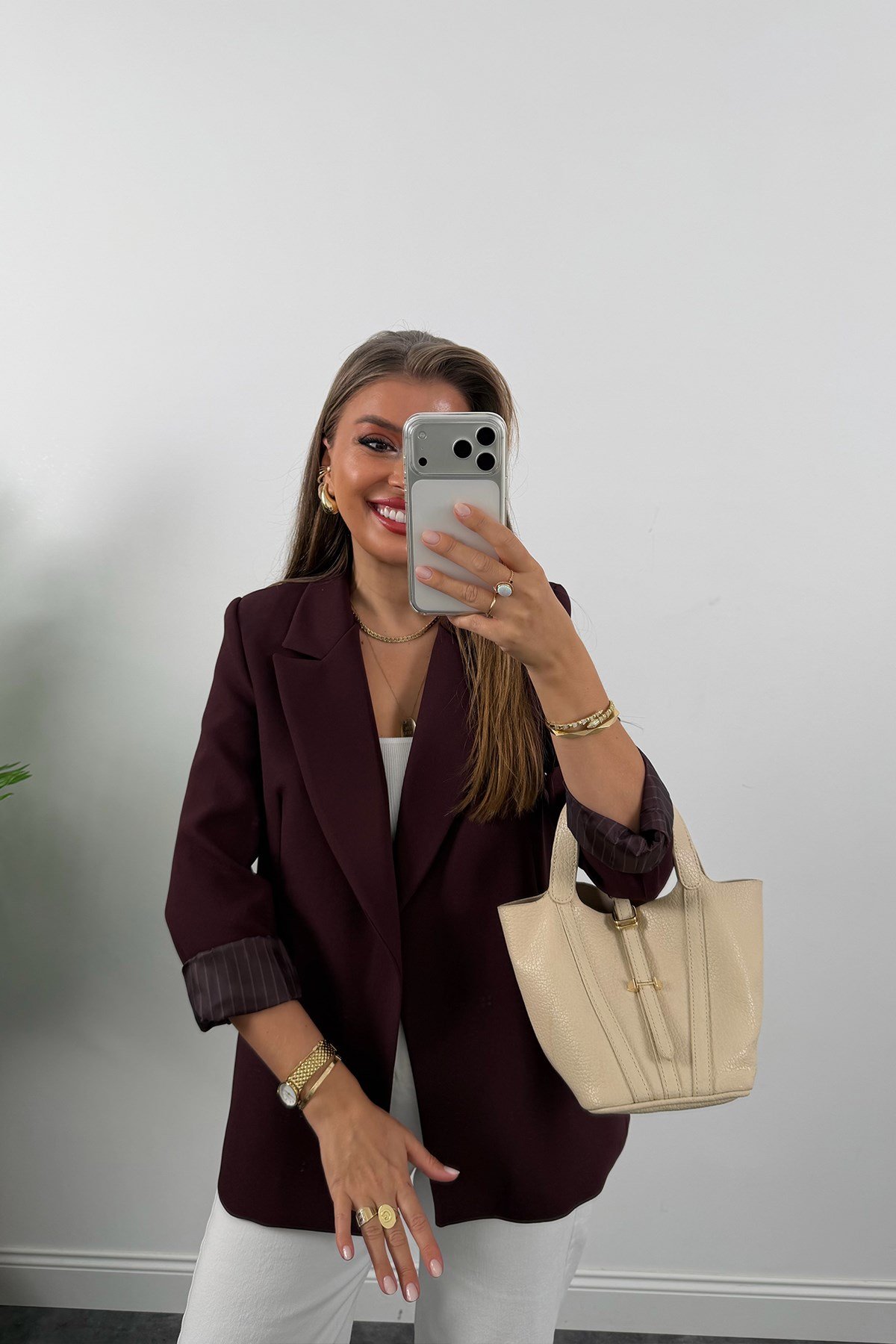 Premium Seri Double Kumaş Çizgili Tona Tona Astar Blazer Mürdüm