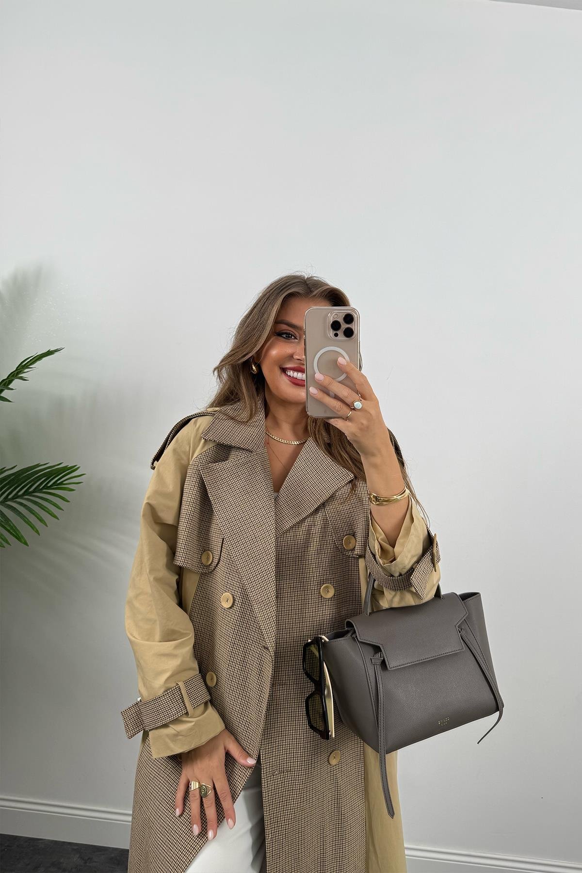 Premium Seri Ekose Garnili Tasarım Trençkot