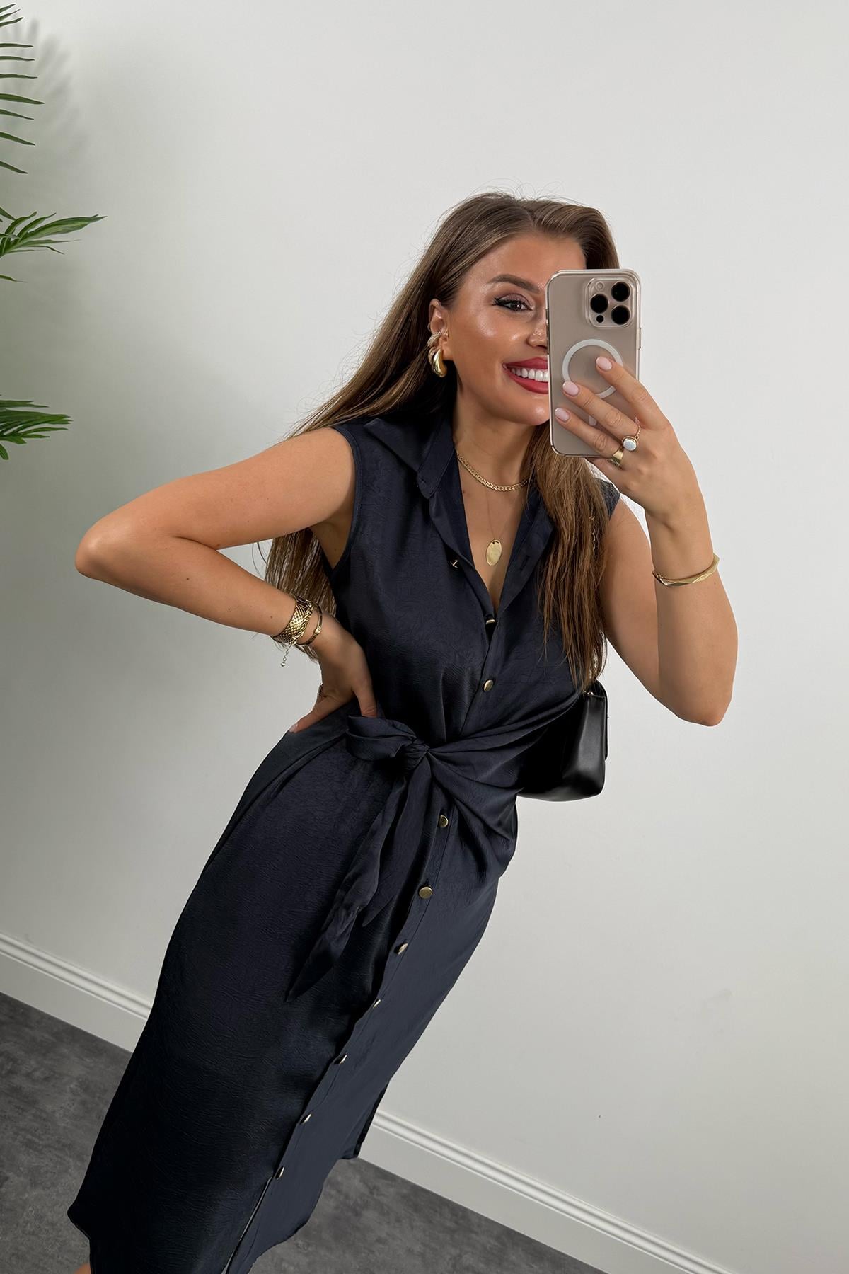 Premium Seri Gold Düğmeli Bağlamalı Midi Gömlek Elbise Lacivert