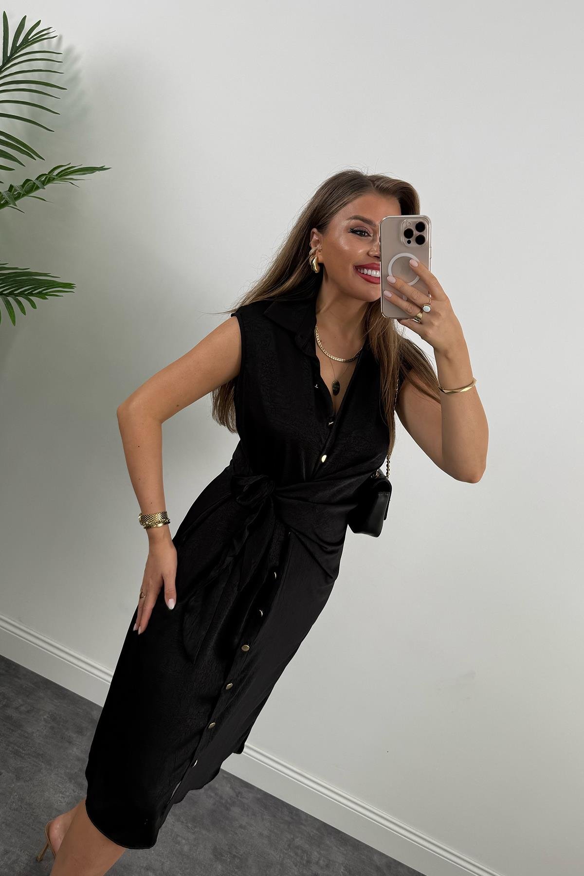 Premium Seri Gold Düğmeli Bağlamalı Midi Gömlek Elbise Siyah
