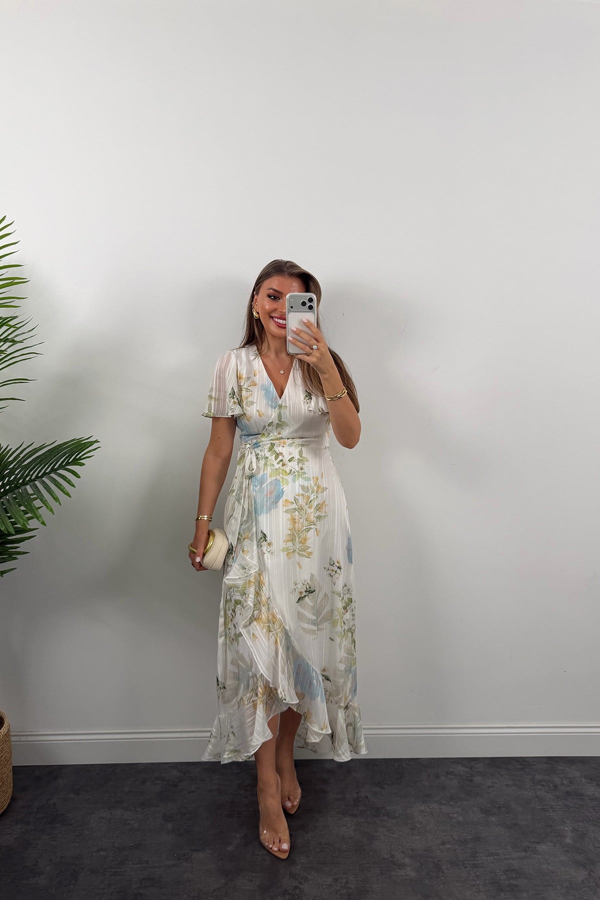 Premium Seri İpek Şifon Foral Midi Elbise