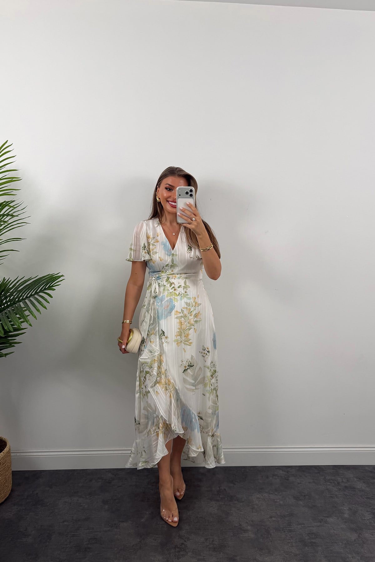 Premium Seri İpek Şifon Foral Midi Elbise