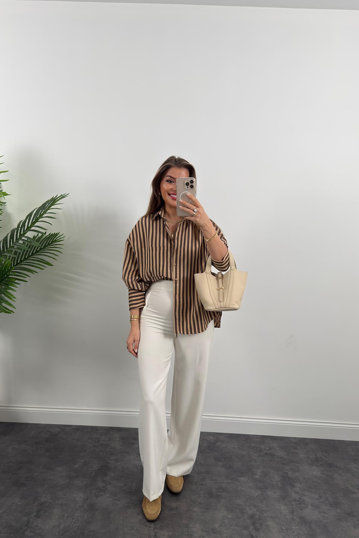 Premium Seri Kahve Camel Çizgili Tensel Gömlek