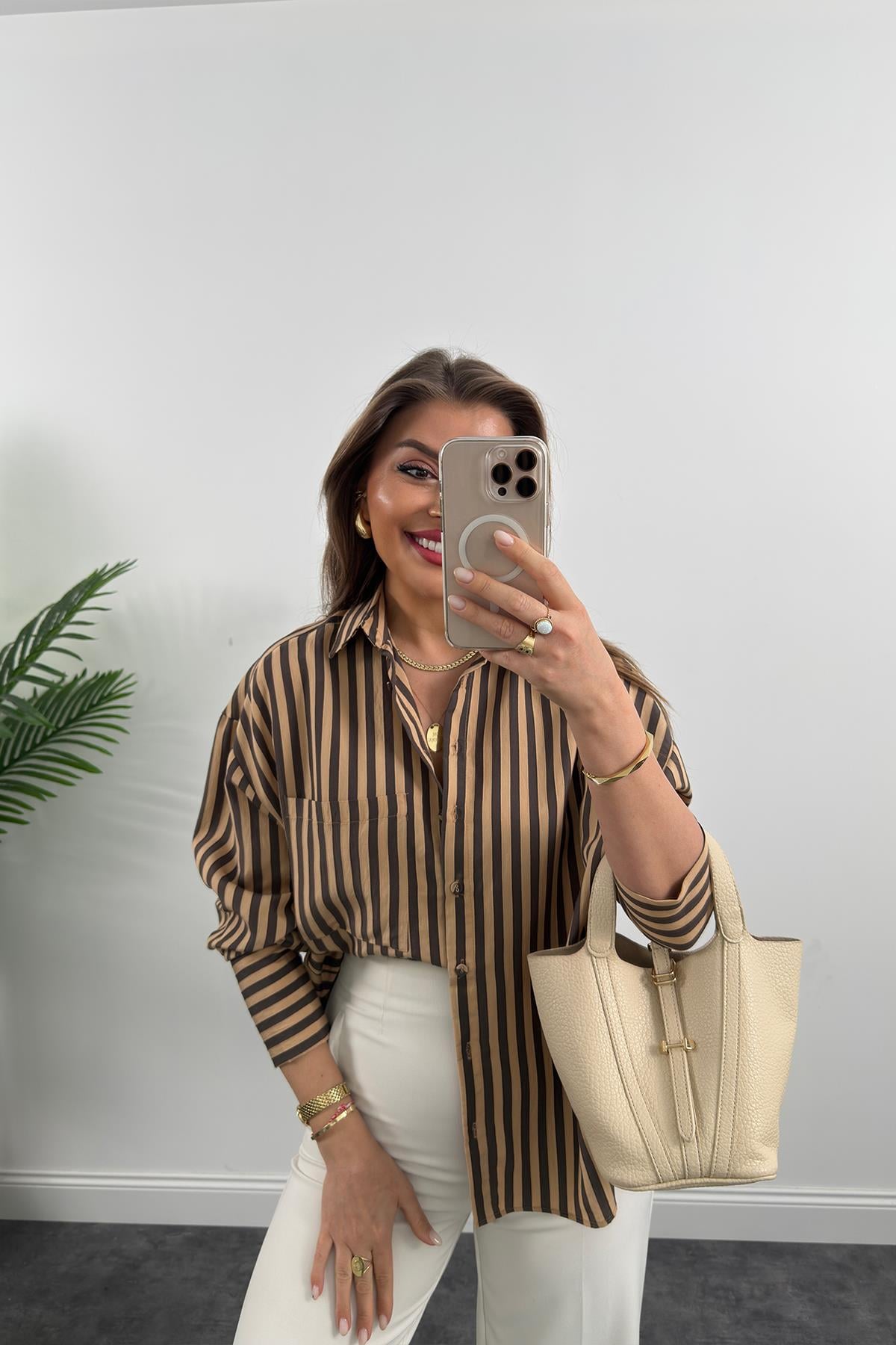 Premium Seri Kahve Camel Çizgili Tensel Gömlek