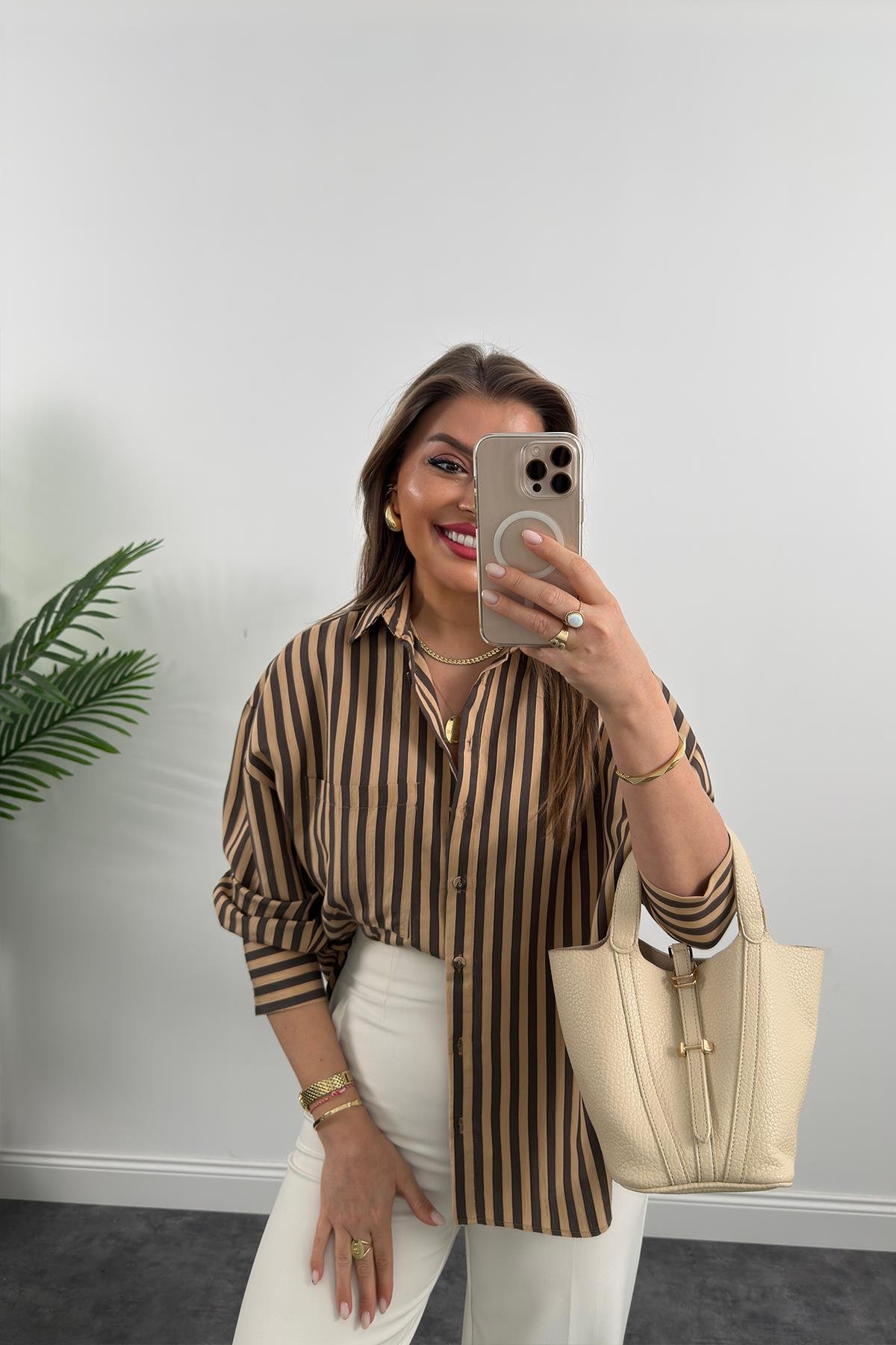 Premium Seri Kahve Camel Çizgili Tensel Gömlek