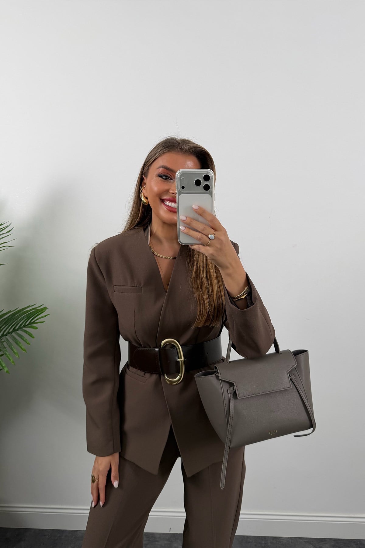 Premium Seri Kalın Kemerli Double Kumaş Vatkalı Ceket Koyu Kahve