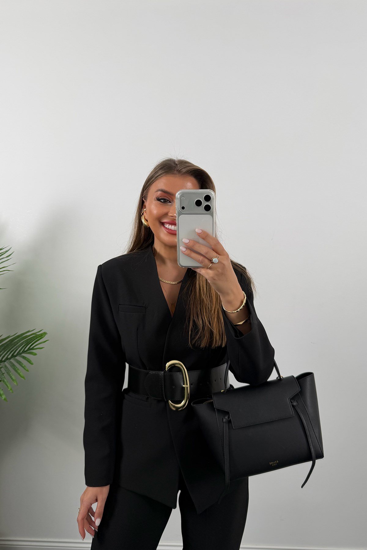 Premium Seri Kalın Kemerli Double Kumaş Vatkalı Ceket Siyah