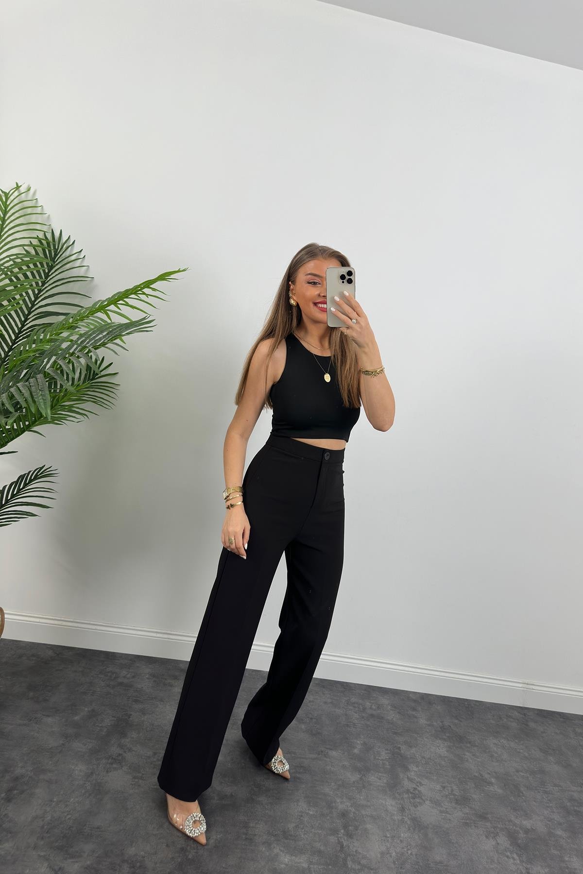 Premium Seri Kalın Kumaş Double Atlas Palazzo Siyah