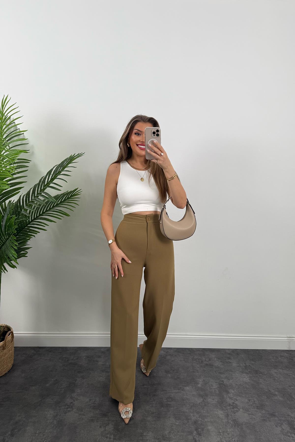 Premium Seri Kalın Kumaş Double Atlas Palazzo Olive