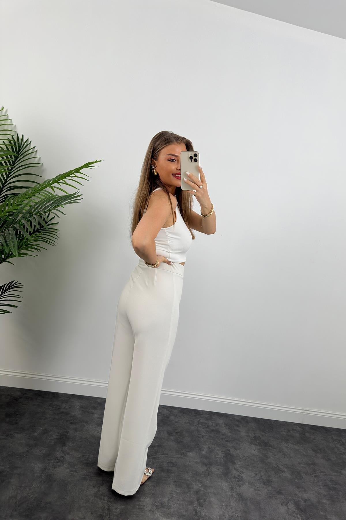 Premium Seri Kalın Kumaş Double Atlas Palazzo Beyaz