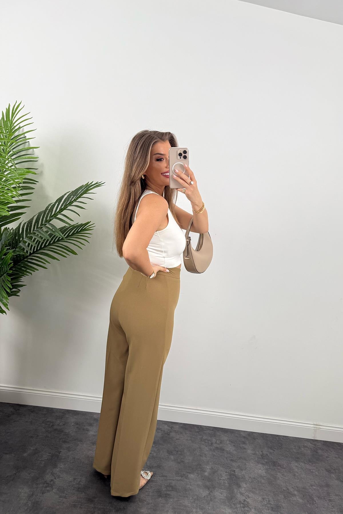 Premium Seri Kalın Kumaş Double Atlas Palazzo Olive