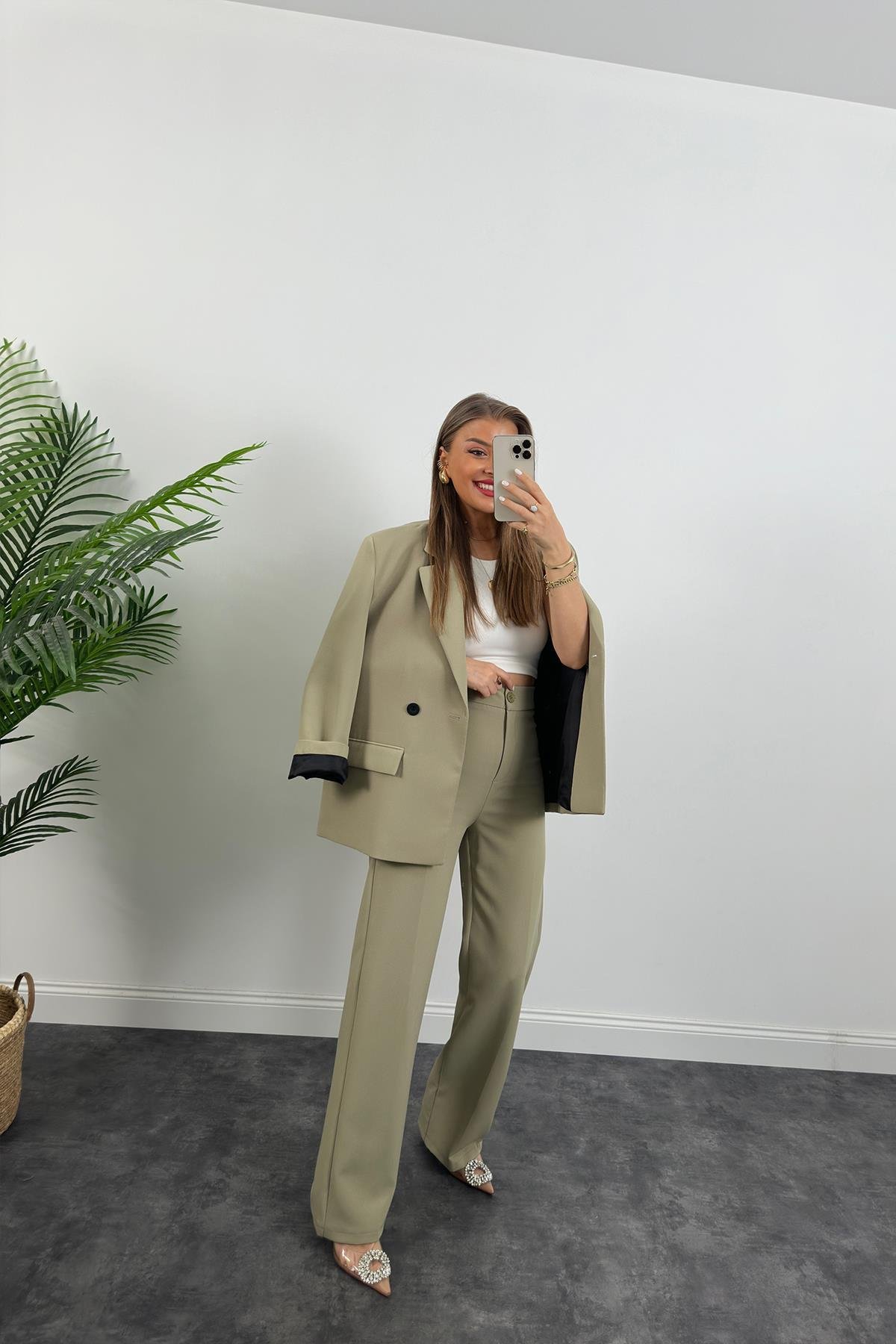 Premium Seri Kalın Kumaş Double Atlas Palazzo Haki