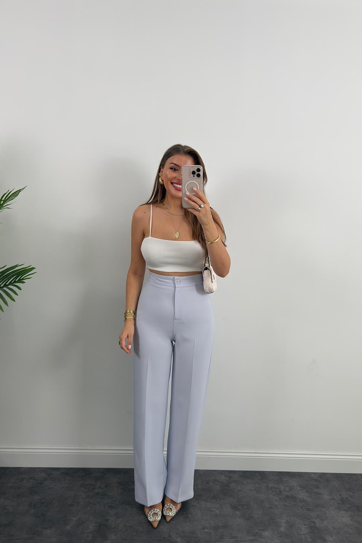 Premium Seri Kalın Kumaş Double Atlas Palazzo Pastel Mavi