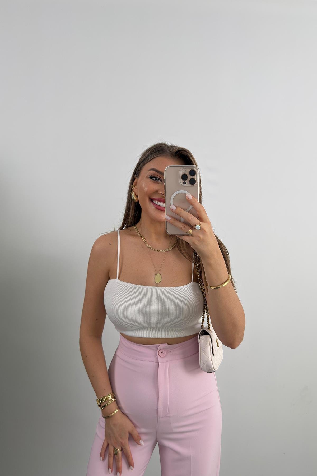 Premium Seri Kalın Kumaş Double Atlas Palazzo Pastel Pembe