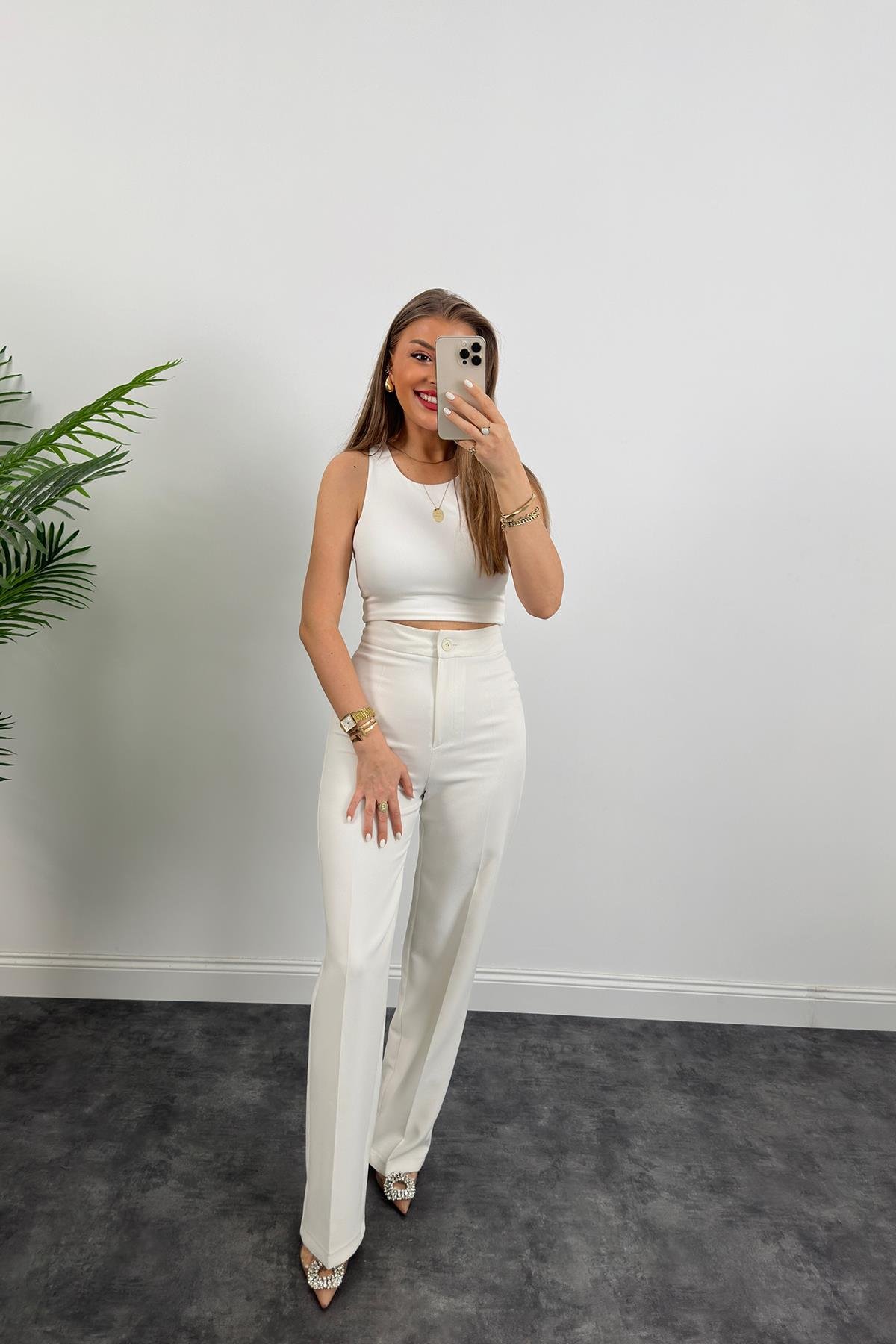 Premium Seri Kalın Kumaş Double Atlas Palazzo Beyaz