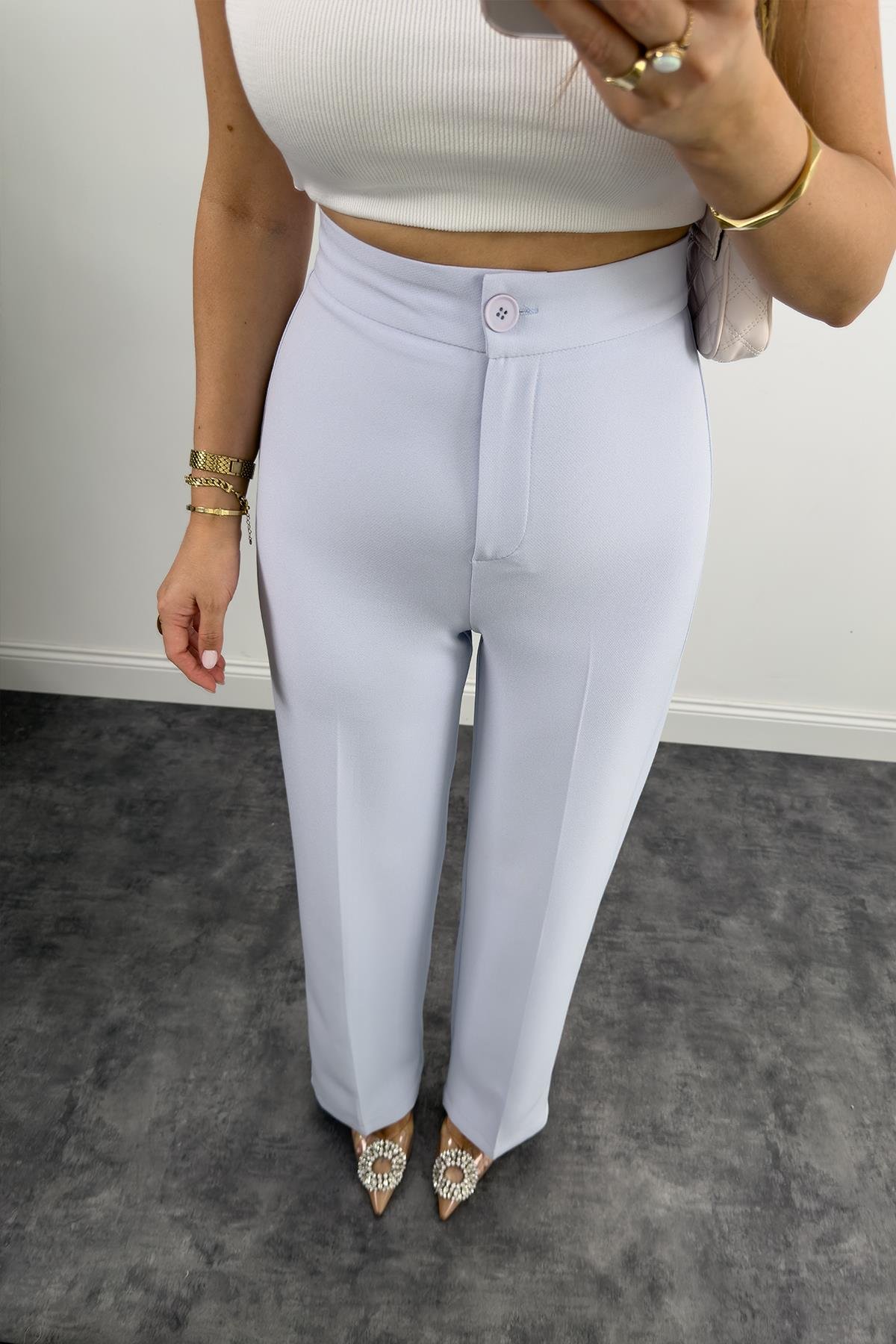 Premium Seri Kalın Kumaş Double Atlas Palazzo Pastel Mavi