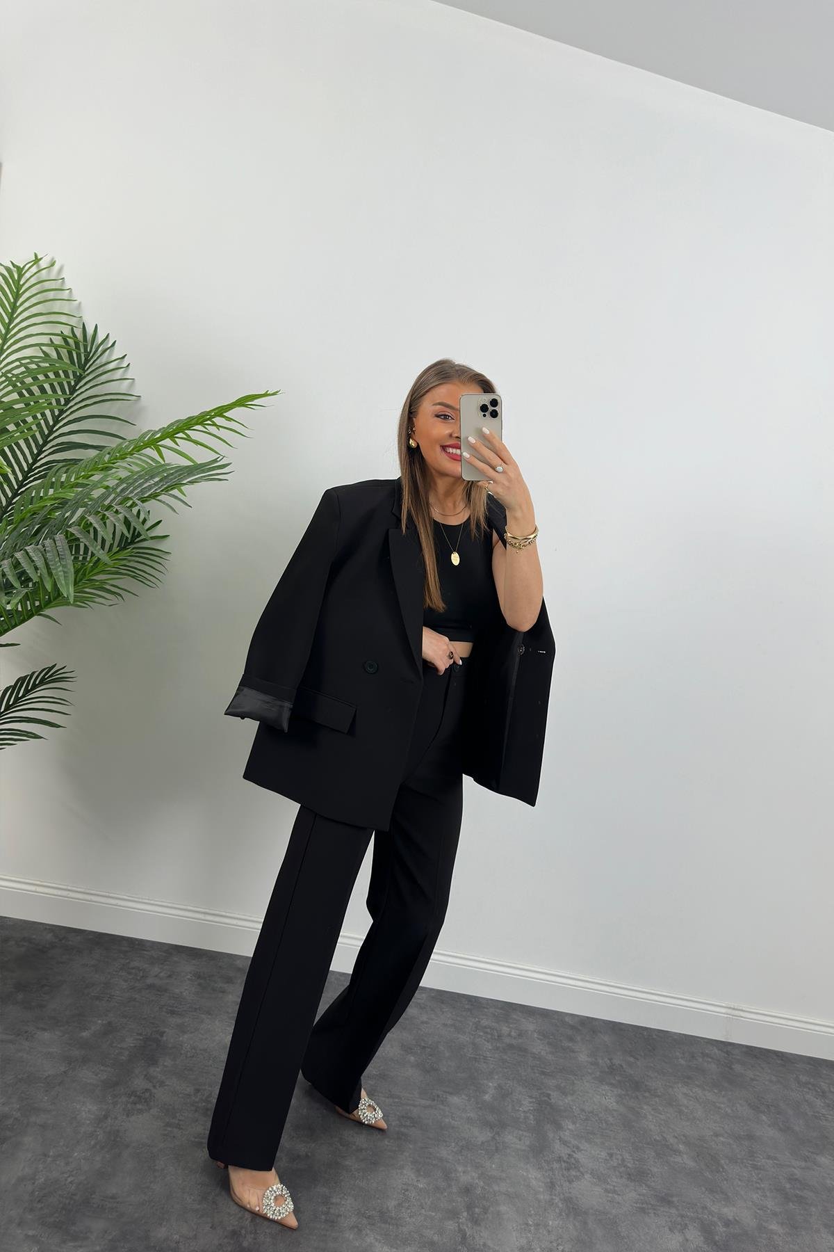 Premium Seri Kalın Kumaş Double Atlas Palazzo Siyah