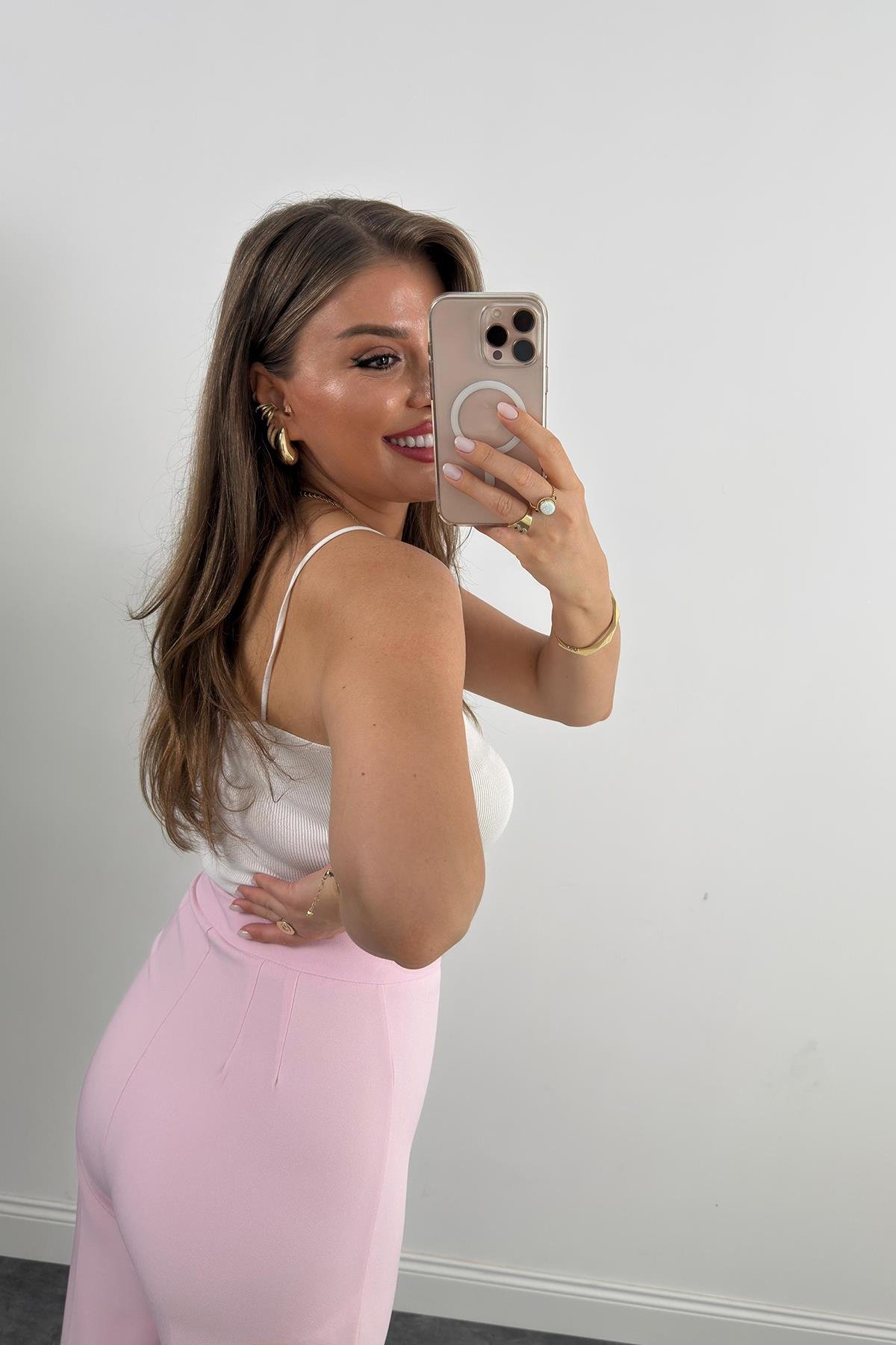 Premium Seri Kalın Kumaş Double Atlas Palazzo Pastel Pembe