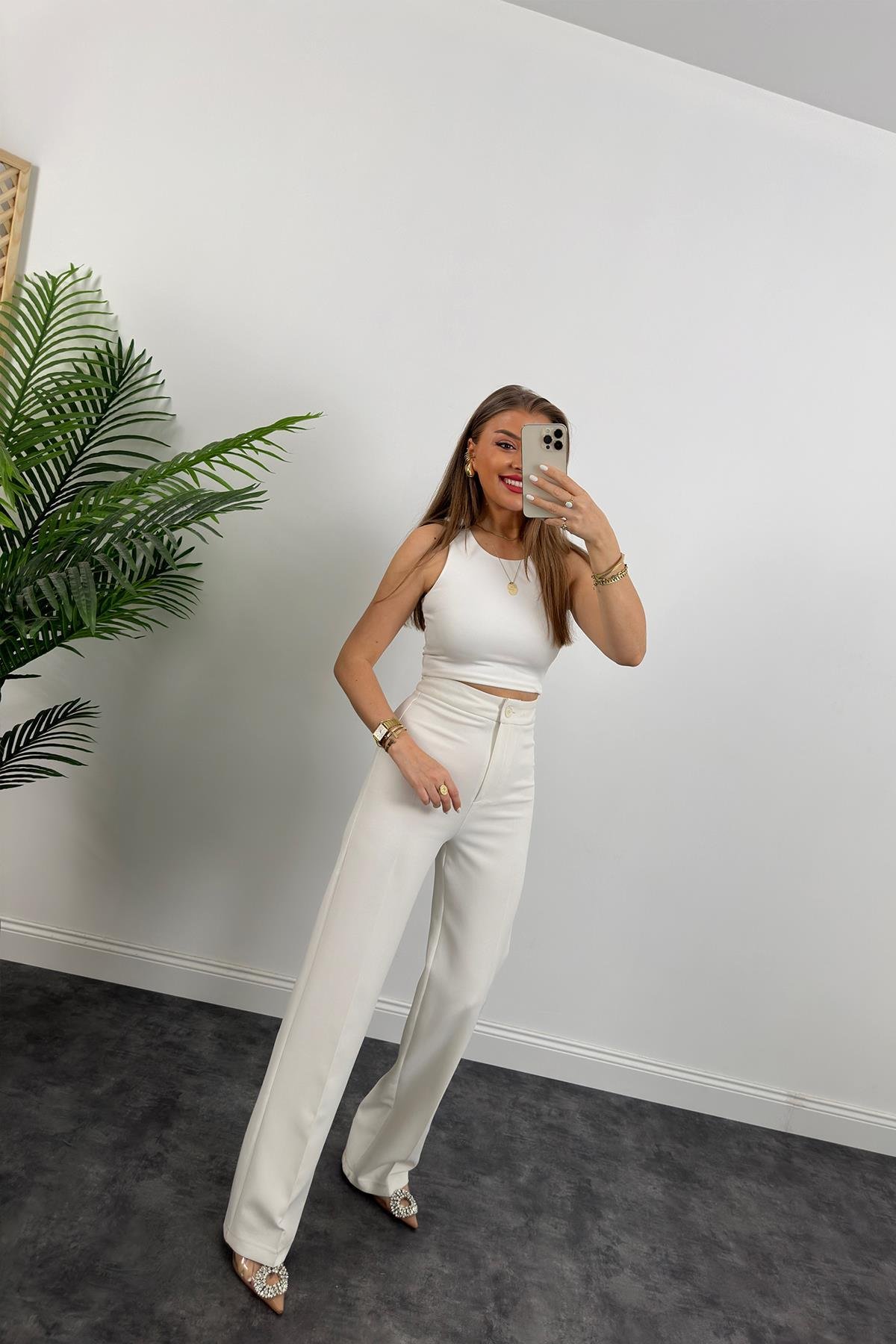 Premium Seri Kalın Kumaş Double Atlas Palazzo Beyaz