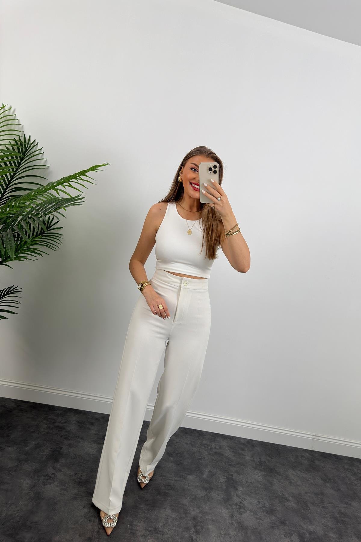 Premium Seri Kalın Kumaş Double Atlas Palazzo Beyaz