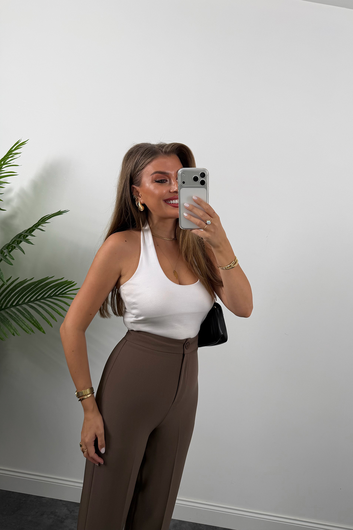 Premium Seri Kalın Kumaş Double Atlas Palazzo Koyu Kahve