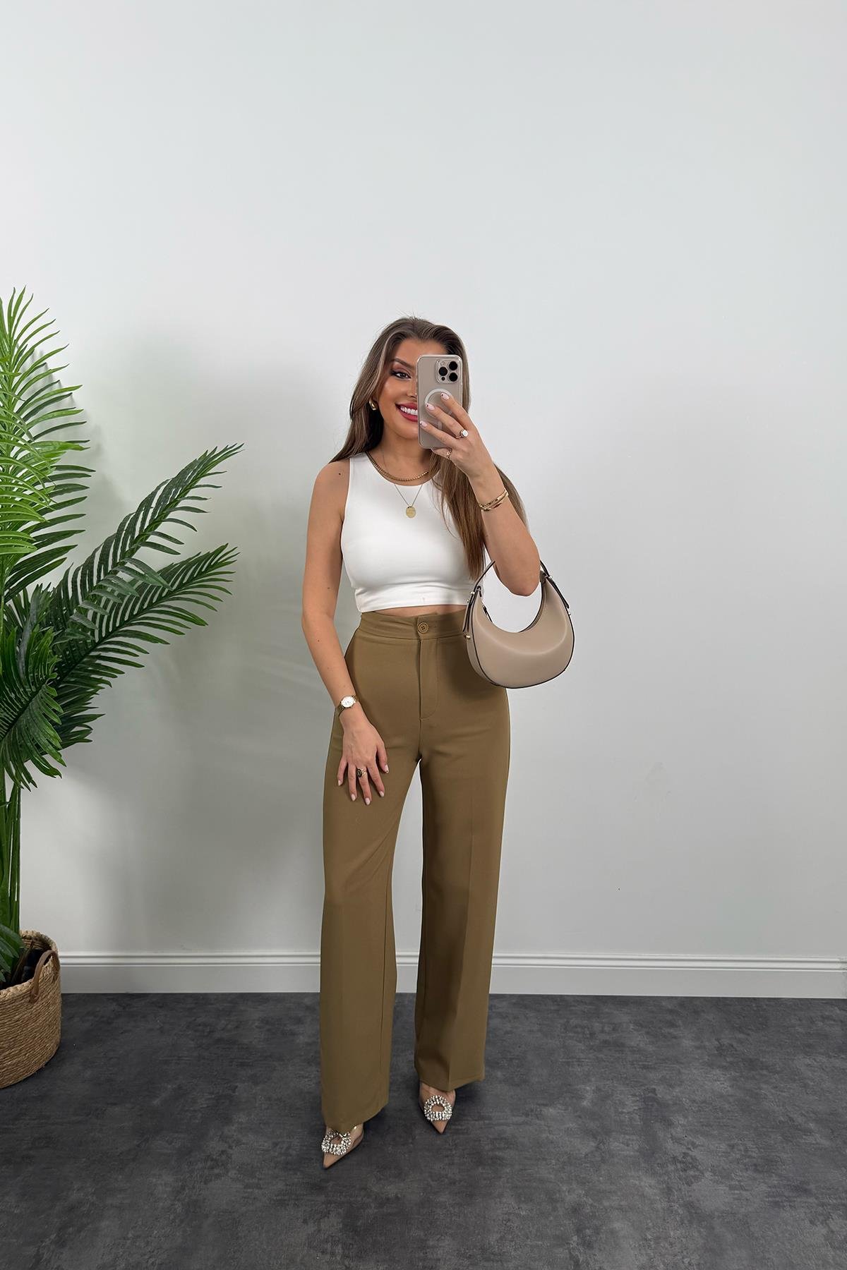 Premium Seri Kalın Kumaş Double Atlas Palazzo Olive