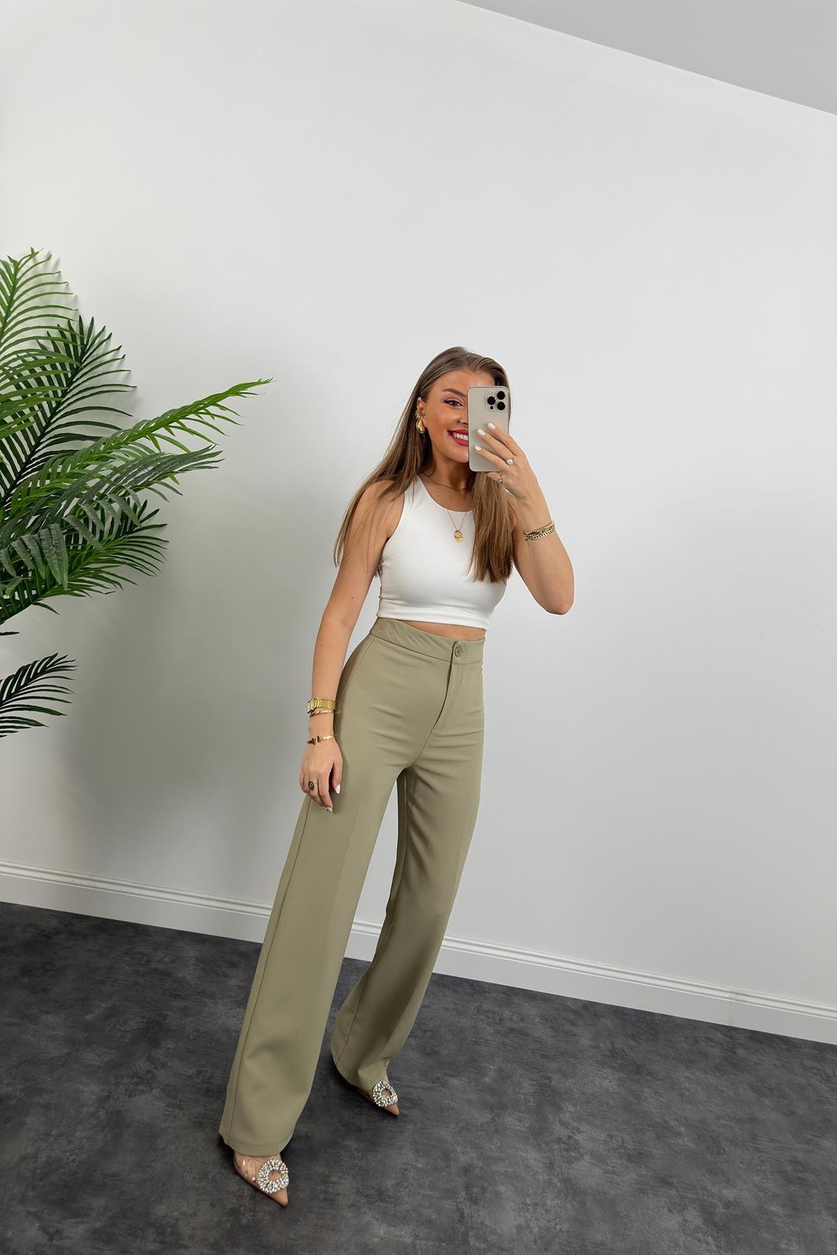 Premium Seri Kalın Kumaş Double Atlas Palazzo Haki