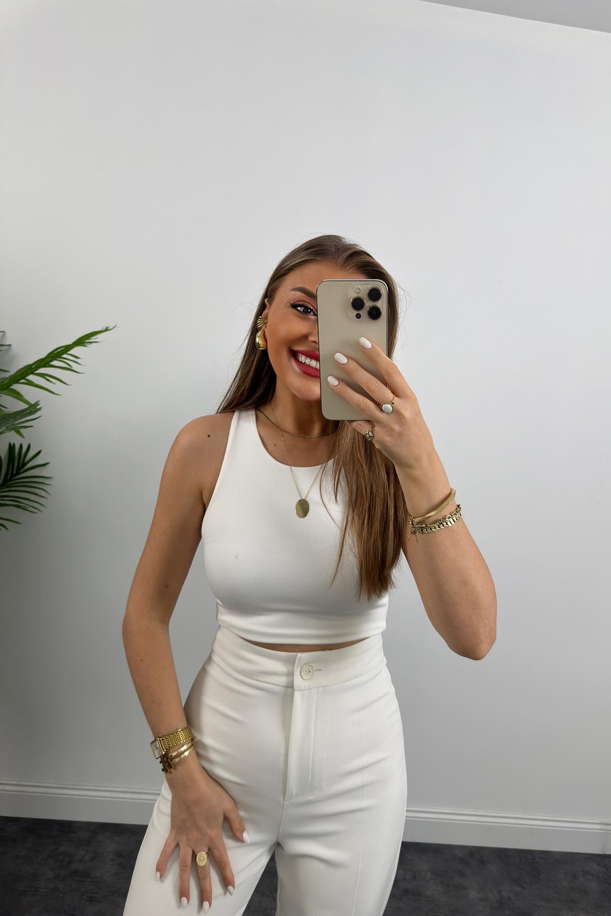 Premium Seri Kalın Kumaş Double Atlas Palazzo Beyaz