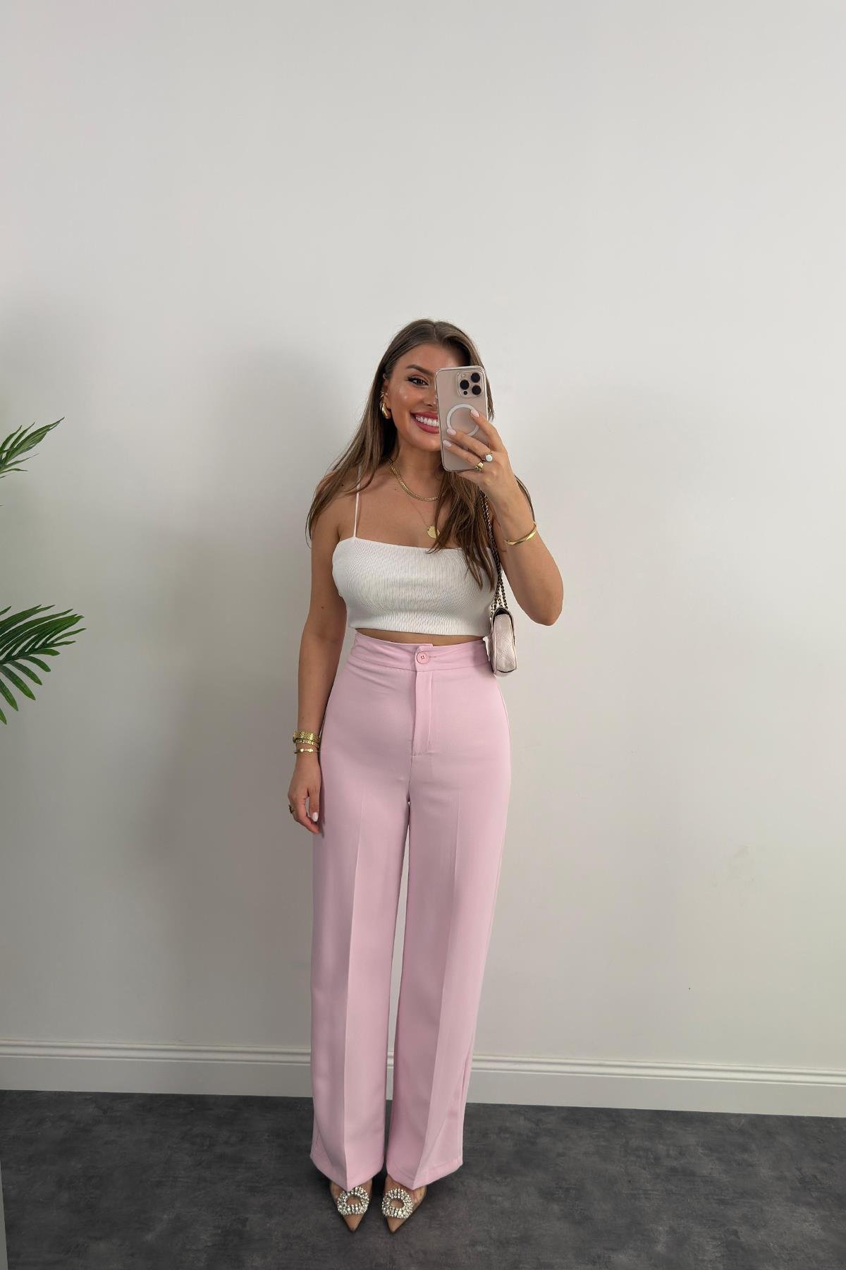 Premium Seri Kalın Kumaş Double Atlas Palazzo Pastel Pembe