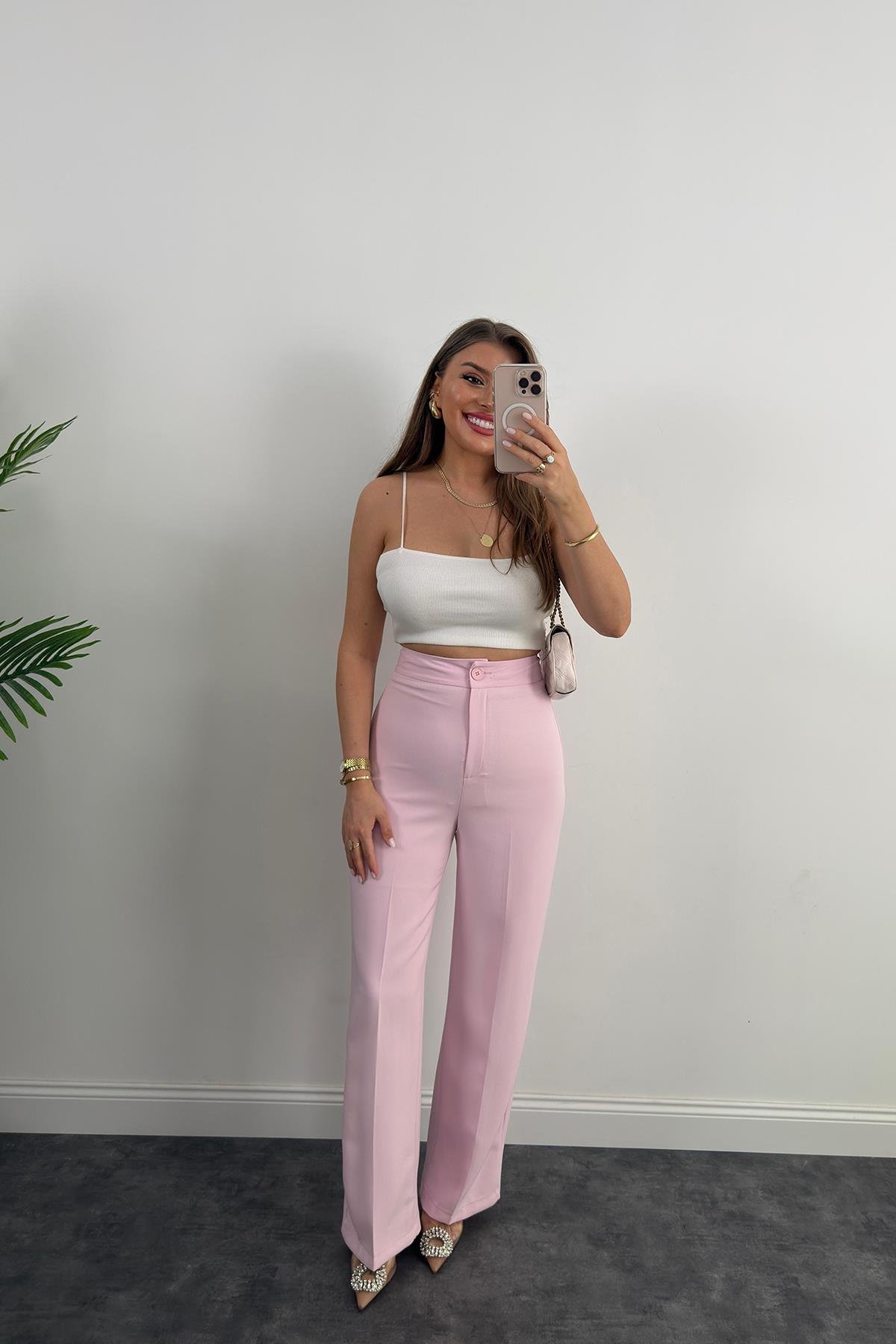 Premium Seri Kalın Kumaş Double Atlas Palazzo Pastel Pembe