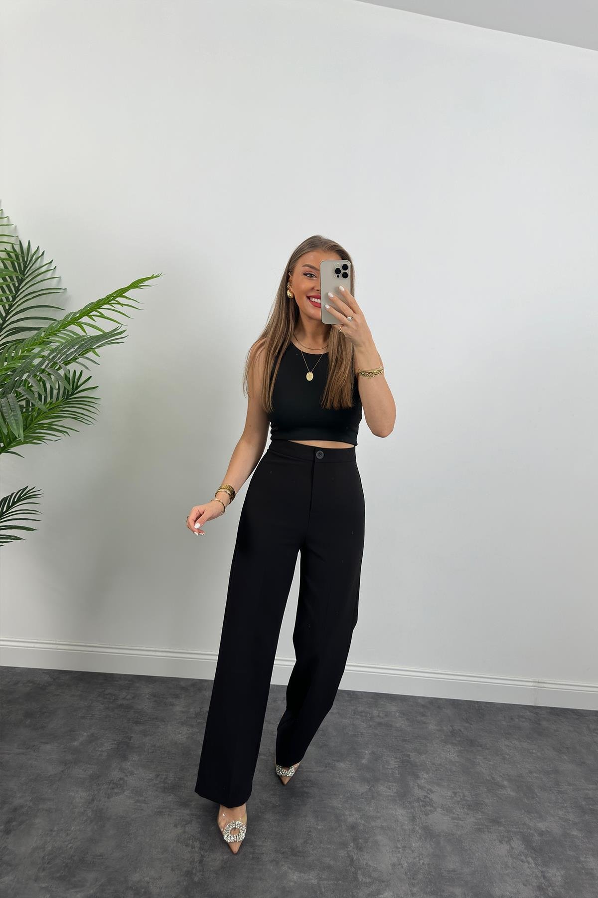 Premium Seri Kalın Kumaş Double Atlas Palazzo Siyah