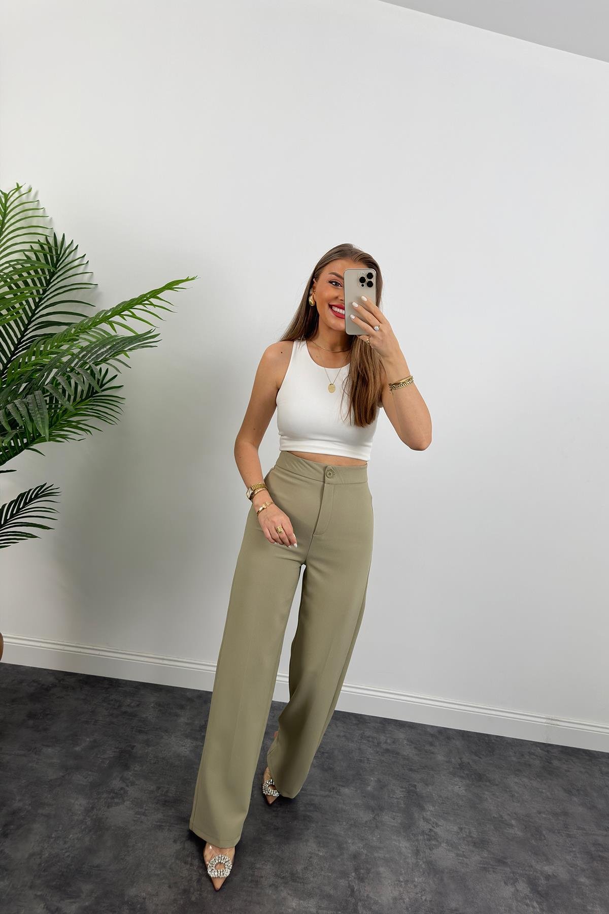 Premium Seri Kalın Kumaş Double Atlas Palazzo Haki