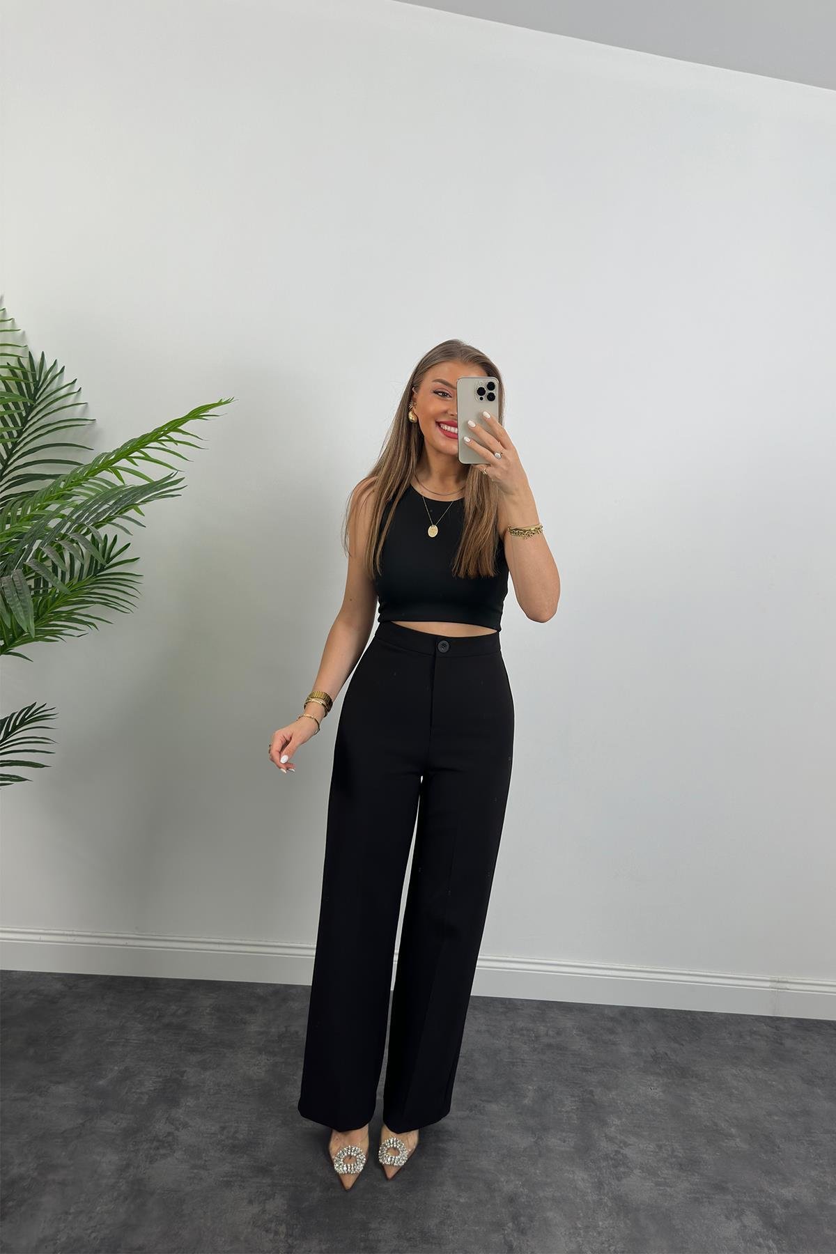 Premium Seri Kalın Kumaş Double Atlas Palazzo Siyah