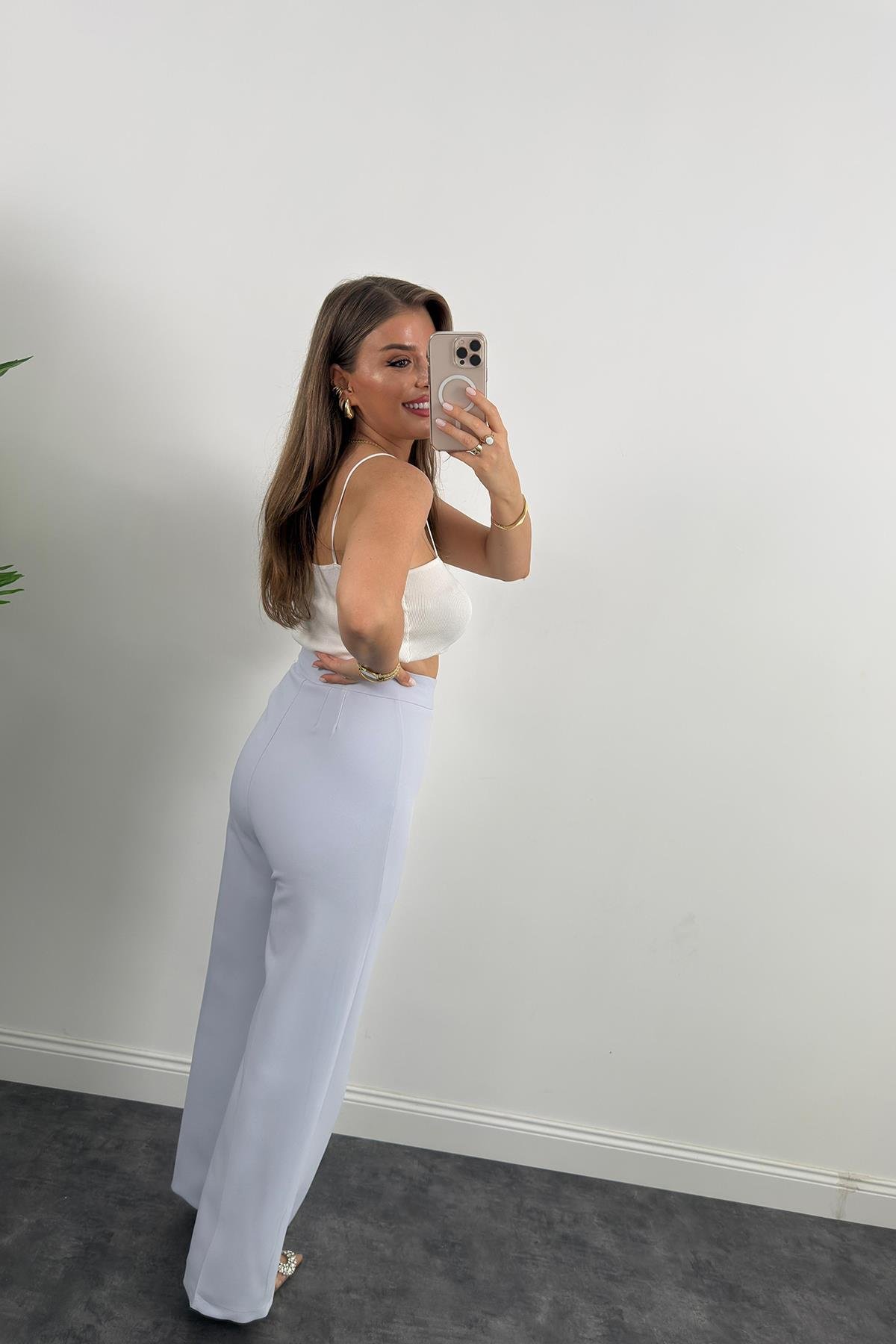 Premium Seri Kalın Kumaş Double Atlas Palazzo Pastel Mavi