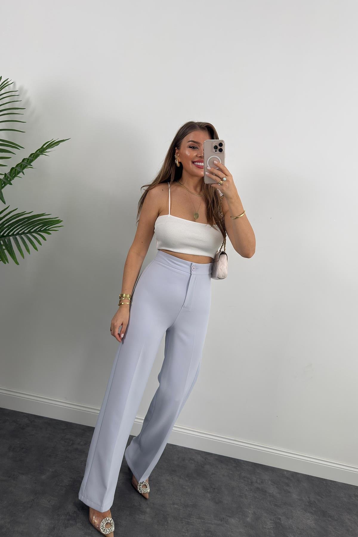 Premium Seri Kalın Kumaş Double Atlas Palazzo Pastel Mavi