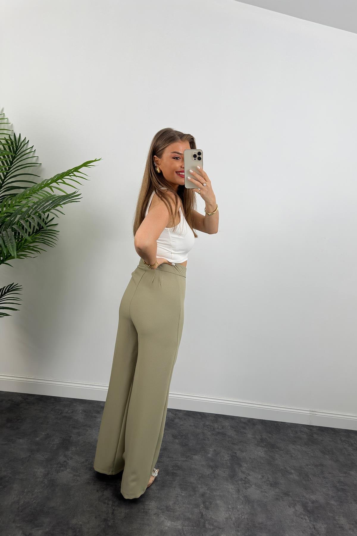 Premium Seri Kalın Kumaş Double Atlas Palazzo Haki