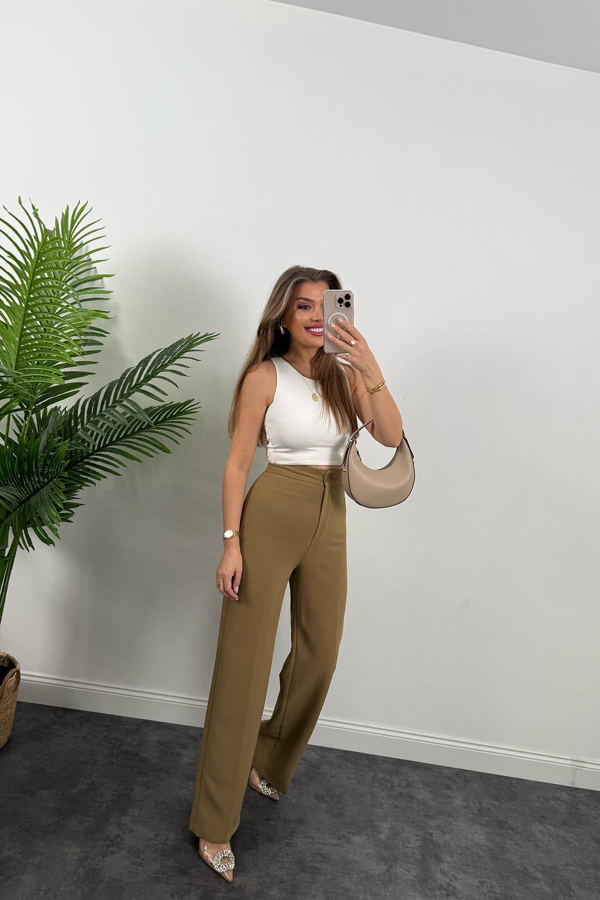 Premium Seri Kalın Kumaş Double Atlas Palazzo Olive