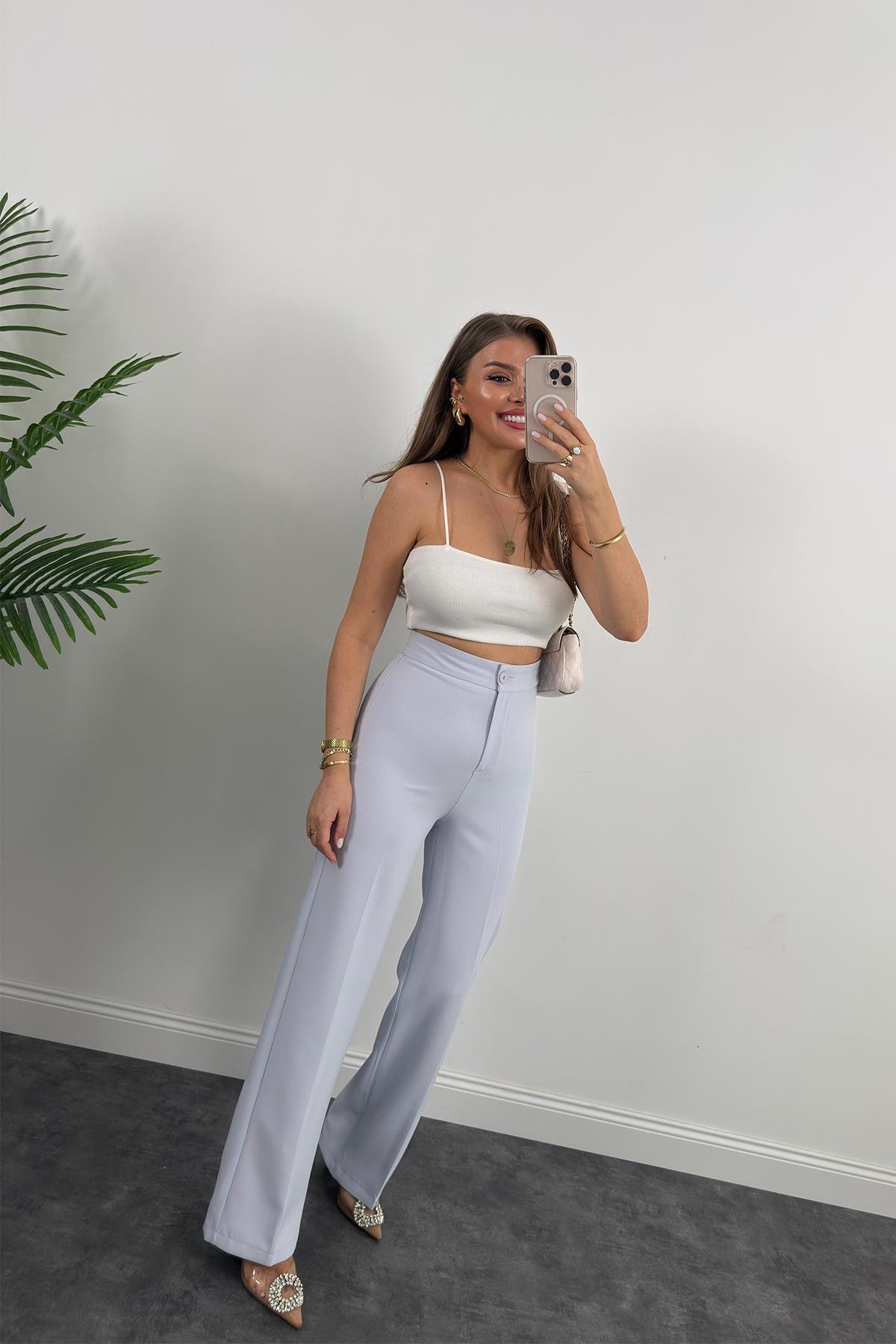 Premium Seri Kalın Kumaş Double Atlas Palazzo Pastel Mavi