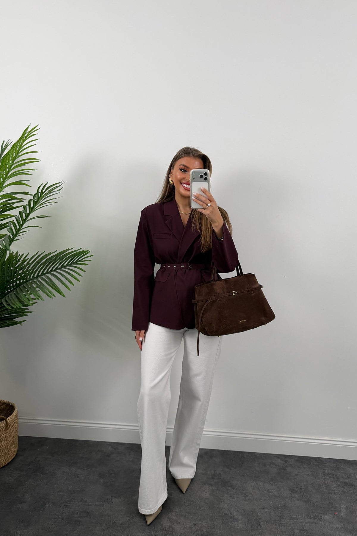 Premium Seri Kemerli Özel Dokulu Poliviskon Blazer Mürdüm