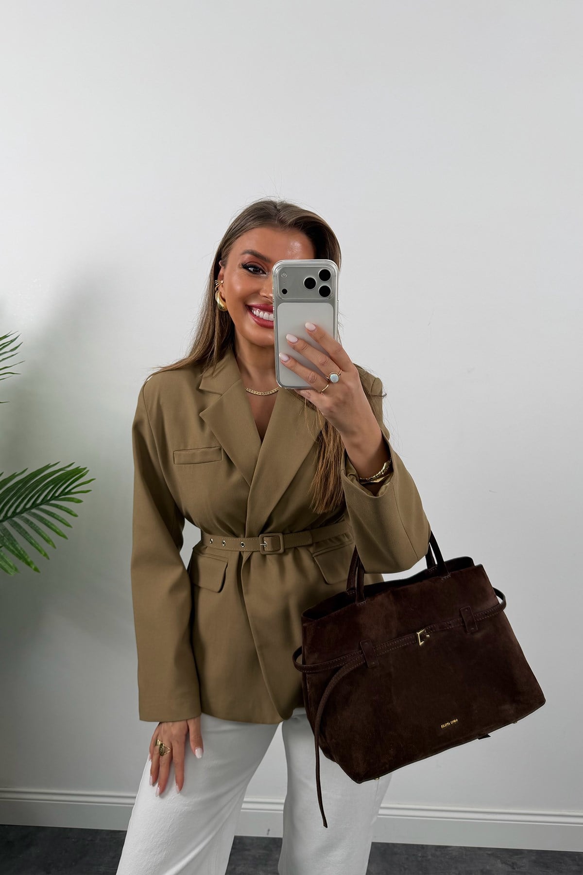 Premium Seri Kemerli Özel Dokulu Poliviskon Blazer Karamel