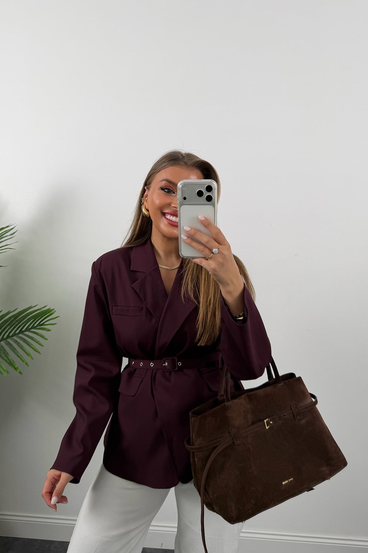 Premium Seri Kemerli Özel Dokulu Poliviskon Blazer Mürdüm
