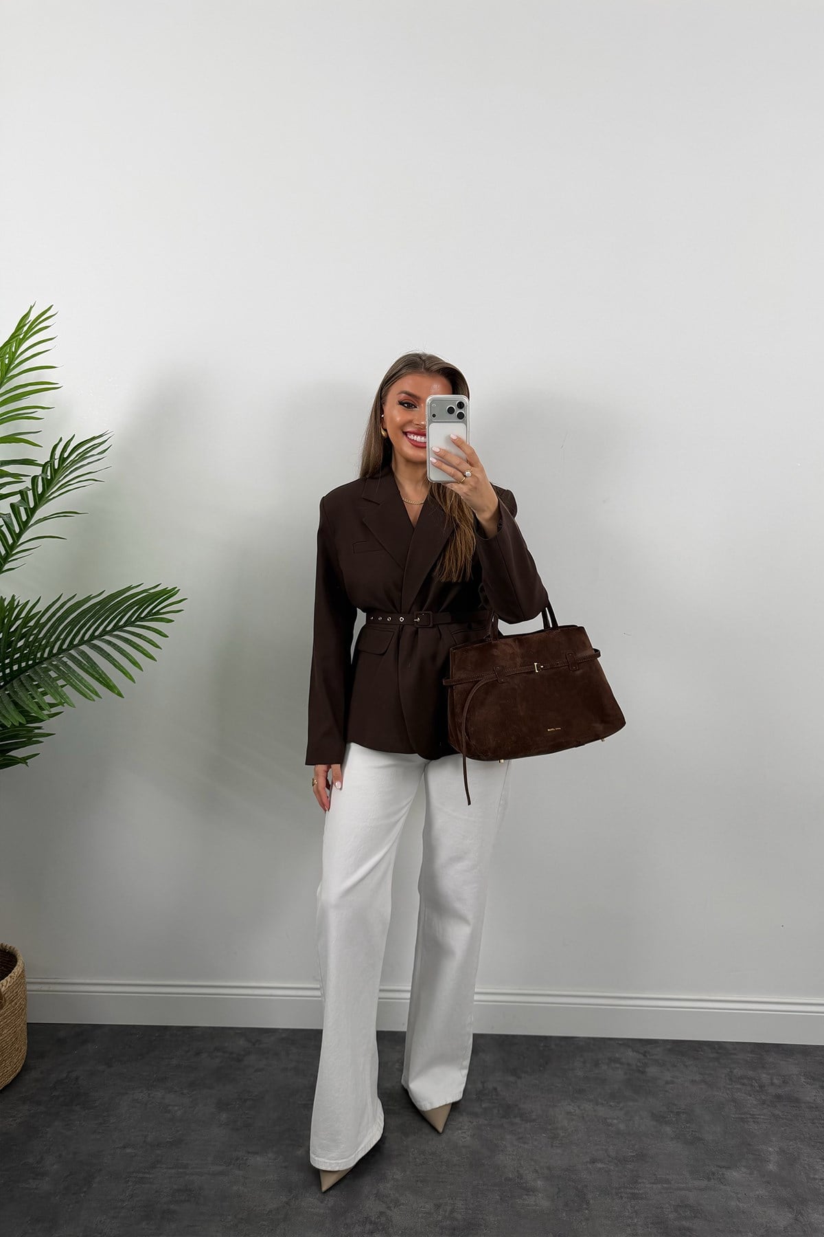 Premium Seri Kemerli Özel Dokulu Poliviskon Blazer Acı Kahve