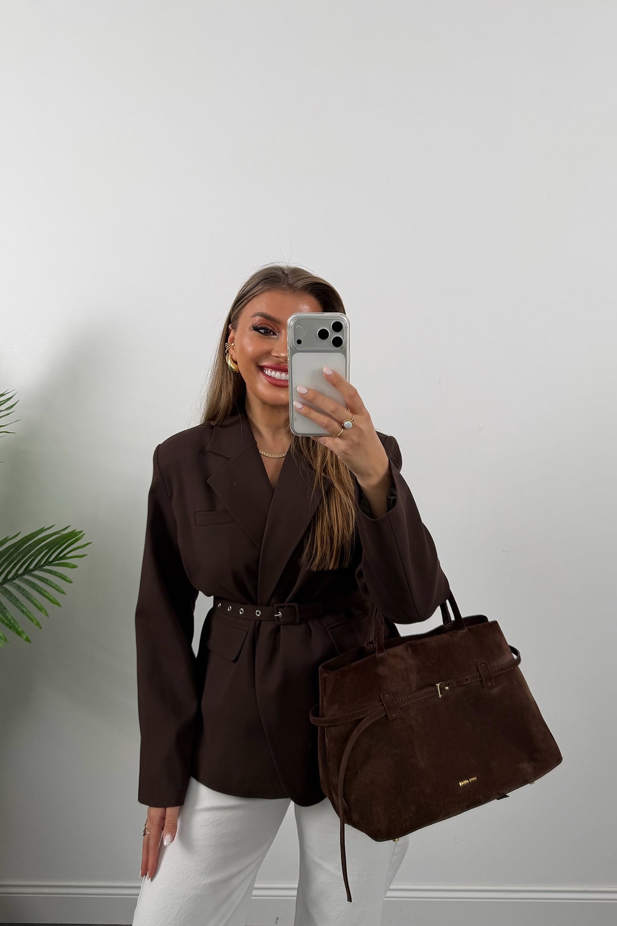 Premium Seri Kemerli Özel Dokulu Poliviskon Blazer Acı Kahve
