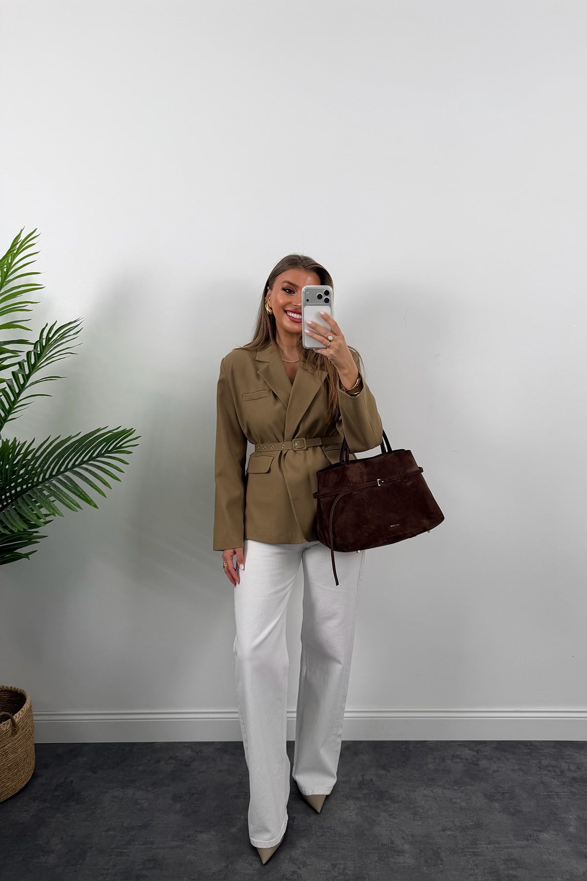 Premium Seri Kemerli Özel Dokulu Poliviskon Blazer Karamel