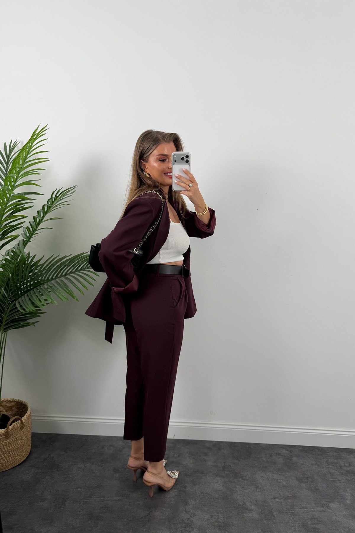 Premium Seri Kemerli Pantolon Ceket Takım Mürdüm