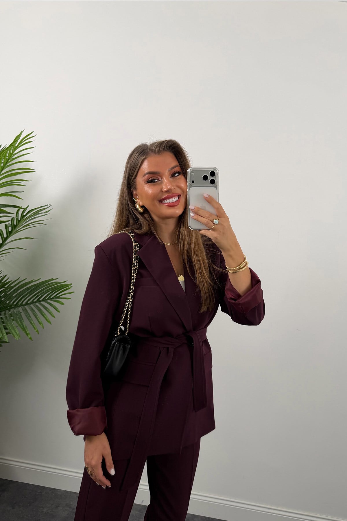 Premium Seri Kemerli Pantolon Ceket Takım Mürdüm